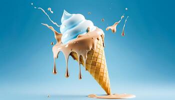 Melting ice cream cone on soft blue background in studio, photo