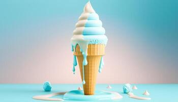 Melting ice cream cone on soft blue background in studio, photo