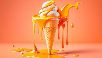 Melting ice cream cone on soft orange background in studio, Generative ai photo