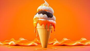 Melting ice cream cone on soft orange background in studio, photo