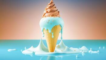 Melting ice cream cone on soft blue background in studio, photo