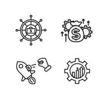 Financial services icons set. Icons wealth management, venture capital, asset management. Wheel icons with a diplomat, a hand throws a coin into a rocket, a gear with a bar chart vector