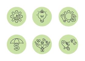 Financial services icons set. Icons insurance, venture capital, asset management. Icons gear with a mechanical key and a dollar sign, palm with a lock, a house, a heart, a tablet and a coin vector