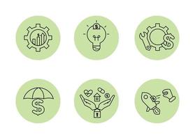 Financial services icons set. Icons insurance, venture capital, asset management. Icons gear with a mechanical key and a dollar sign, palm with a lock, a house, a heart, a tablet and a coin vector