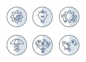 Financial services icons set. Icons insurance, venture capital, asset management. Icons gear with a mechanical key and a dollar sign, palm with a lock, a house, a heart, a tablet and a coin vector