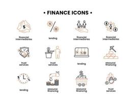 Finance icons set. Vector illustration of financial intermediary icons, resource financing, trust services, lending.