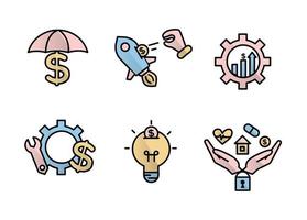 Financial services icons set. Icons insurance, venture capital, asset management. Icons gear with a mechanical key and a dollar sign, palm with a lock, a house, a heart, a tablet and a coin vector