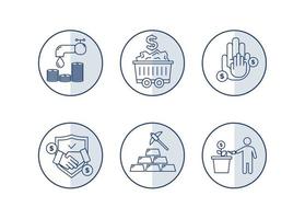 Finance icons. Financial services icons set. Icons of resource financing, trust services. A silhouette of a man watered a plant in a pot, instead of a bud, a dollar coin, a drop falls from the tap vector