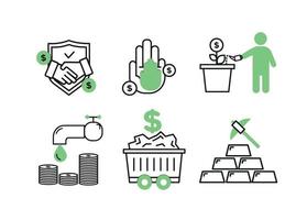 Finance icons. Financial services icons set. Icons of resource financing, trust services. A silhouette of a man watered a plant in a pot, instead of a bud, a dollar coin, a drop falls from the tap vector