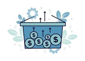 Finance illustration. Financial exchange. Shopping basket with coins and up arrows, on a background of branches with leaves, clouds, dollar sign, stars vector