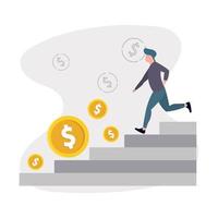 Devaluation. Dollar coins roll down the stairs. A man is trying to catch up with dollars. A man runs down the stairs. Vector illustration.