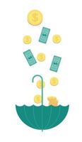 Vector illustration of an umbrella upside down into which coins and dollar bills are poured