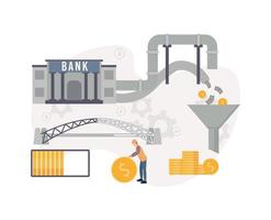 Lending to state infrastructure projects. Illustration of a bank through the pipeline, banknotes and coins come in, pour in a watering can, under which there is a stack of coins vector