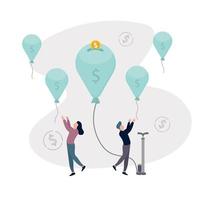 Inflation. Piggy bank-balloon. Ball with dollar sign. People are catching balloons. Vector illustration.