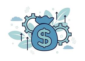 Finance. Wealth management. Financial services. Illustration of a money bag on the gears near which up, down arrows, on a background of branches with leaves, stars, dollar sign, clouds vector