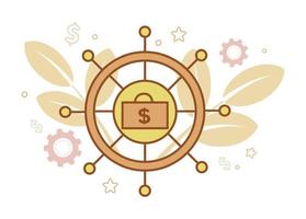 Finance. Wealth management. Financial services. Illustration of a helm in which a case with a dollar sign, on the background of a gear, branches with leaves, stars, a dollar sign vector