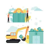 Finance. Vector illustration of lending. The excavator takes bills and coins from the bank, people in helmets are building from money, against the background of gears, dollar signs, clouds, plants