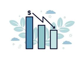 finanzas. vector ilustración de devaluación. un bar gráfico icono, terminado cuales un abajo flecha con un dólar firmar, en un antecedentes de plantas, hojas, nubes, estrellas