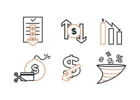 Finance icons set. Vector illustration of devaluation, default. The dollar icon on which the down arrow. Dollar icon in a round frame, on the sides of which there are up and down arrows.