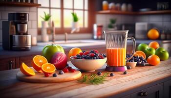 mezclador de Fruta naranja jugo y baya con ensaladas plato desayuno en el de madera mesa en el moderno cocina, generativo ai foto