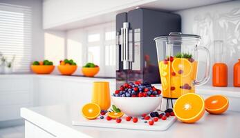 mezclador de Fruta naranja jugo y baya con ensaladas plato desayuno en el mesa en el moderno cocina, generativo ai foto