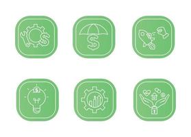 Financial services icons set. Icons insurance, venture capital, asset management. Icons gear with a mechanical key and a dollar sign, palm with a lock, a house, a heart, a tablet and a coin vector