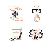 Financial services icons set. Icons venture capital, asset management, wealth management. Icons gear with a dollar between the palms, a handshake, a pencil, a coin on a document vector