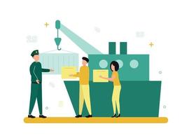 Finance. Customs broker and brokerage services. Near the ship, a document hangs on a hook, people with boxes and a man in uniform. Vector illustration