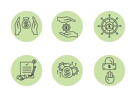 Financial services icons set. Icons asset management, wealth management, insurance, venture capital. Icons gear with a dollar between the palms, a steering wheel with a briefcase and a dollar vector