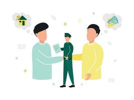 Finance. Customs broker and brokerage services. Men shake hands, near them a house with a key and money, a man in uniform with a document. Vector illustration