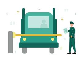 Finance. Customs broker and brokerage services. Near the barrier a man in uniform with a document and a lorry. Vector illustration