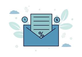 Finance. Vector illustration of factoring. In the envelope there is a document with a percent sign, on the sides there is a clock and a dollar coin, against the background of plants, clouds, stars