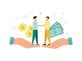 Finance. Financial intermediaries. Men stand on two palms and shake hands, behind them are dollar bills and coins. Vector illustration