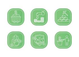 Finance icons. Financial services icons set. Icons of resource financing, trust services. A silhouette of a man watered a plant in a pot, instead of a bud, a dollar coin, a drop falls from the tap vector