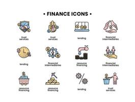 Finance icons set. Vector illustration of financial intermediary icons, resource financing, trust services, lending.