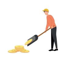 Vector illustration of a man in a helmet with a shovel collects dollar coins