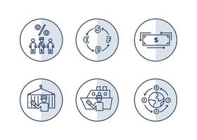 Finance icons. Financial services icons set. Icons customs broker, currency exchange. A silhouette of a man in the form of a customs broker with a document in hand near a cargo container on a hook vector