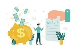 Finance. Vector illustration of default. The man spreads his arms, in front of him is a document with the inscription default, behind him is a piggy bank, with bills flying out of it