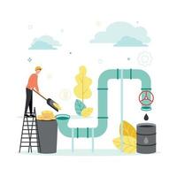 Finance. Vector illustration of resource financing. A man, standing on the stairs, throws coins with a shovel into the pipeline, from which a drop of oil falls into the barrel