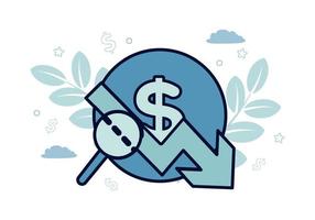 Finance. Vector illustration of econometrics. Dollar icon, arrow pointing down on it, magnifier, against the background of leaves, branches, clouds, stars