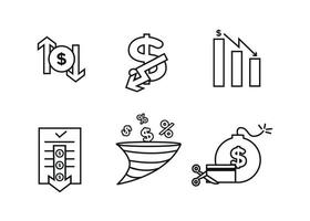 Finance icons set. Vector illustration of devaluation, default. The dollar icon on which the down arrow. Dollar icon in a round frame, on the sides of which there are up and down arrows.