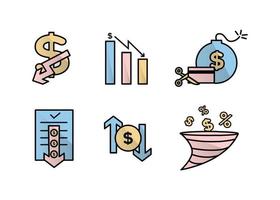 Finance icons set. Vector illustration of devaluation, default. The dollar icon on which the down arrow. Dollar icon in a round frame, on the sides of which there are up and down arrows.