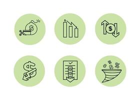 Finance icons set. Vector illustration of devaluation, default. The dollar icon on which the down arrow. Dollar icon in a round frame, on the sides of which there are up and down arrows.