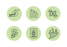 Finance icons set. Vector illustration of devaluation, default. The dollar icon on which the down arrow. Dollar icon in a round frame, on the sides of which there are up and down arrows.