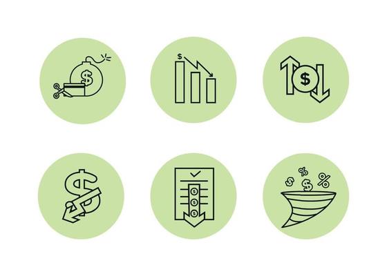 Finance icons set. Vector illustration of devaluation, default. The dollar icon on which the down arrow. Dollar icon in a round frame, on the sides of which there are up and down arrows.