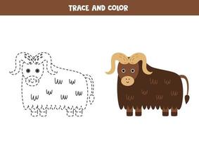 Trace and color cartoon cute cartoon muskox. Worksheet for children. vector