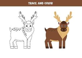 Trace and color cartoon cute cartoon moose. Worksheet for children. vector