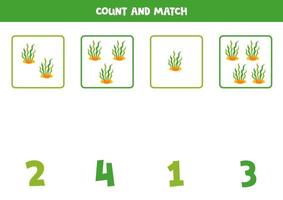 Counting game for kids. Count all sea weeds and match with numbers. Worksheet for children. vector