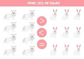 More, less or equal with cartoon cute arctic fox and arctic hare. vector