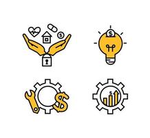 Financial services icons set. Icons insurance, venture capital, asset management. Icons light bulb with a coin, gear with a mechanical key and a dollar sign, palm with a lock, a house vector